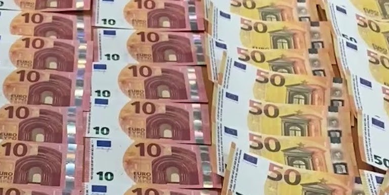 Rows of counterfeit Euro banknotes