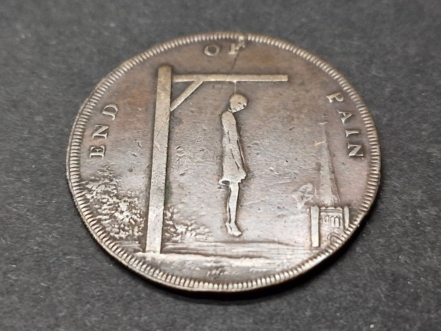 INCREDIBLY RARE Satirical "End of Pain" / 'Wrongs of Man" Half Penny Coin in Amazing Condition