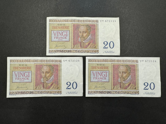 3 x 20 Belgium Francs Banknotes with Consecutive Serial Numbers (issued in 1950)