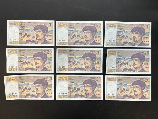 9 x 20 French Franc Banknotes with Consecutive Serial Numbers (Issued 1997)