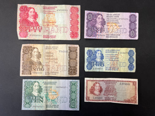 Set of 5 South African Rand Banknotes from the 1970s - 1990s , 20, 10, 5, 2, and 1 Rand