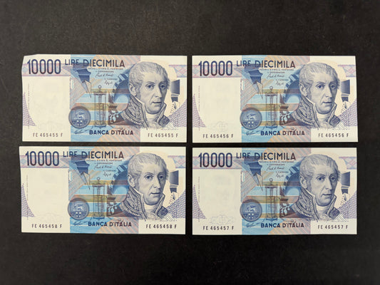 4 x Consecutive Italian 10000 Lire (Volta) Banknotes (1984-1998 Series)