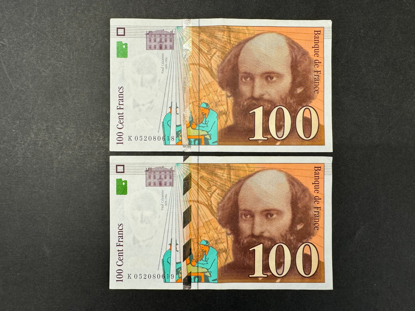 2 x 100 French Franc Banknotes with Consecutive Serial Numbers (Issued 1998)