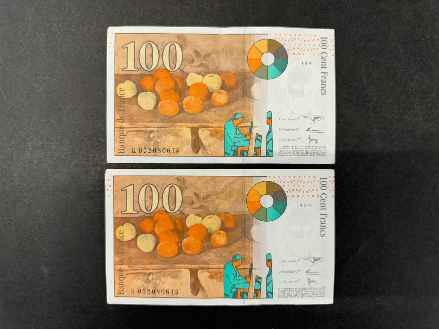 2 x 100 French Franc Banknotes with Consecutive Serial Numbers (Issued 1998)