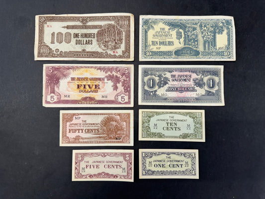 Rare Malaysia (Japanese Government) "Banana Money" Banknote Set (issued 1942)