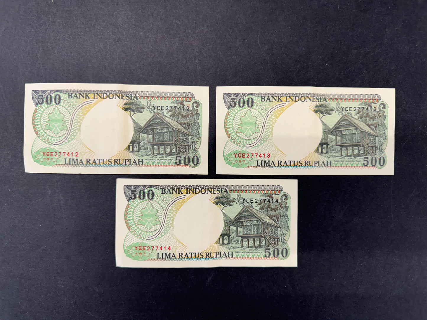 3 x 500 Indonesia Rupiah Banknotes with Consecutive Serial Numbers (issued 1992-1999)