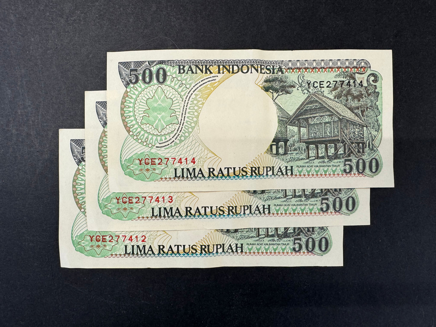 3 x 500 Indonesia Rupiah Banknotes with Consecutive Serial Numbers (issued 1992-1999)