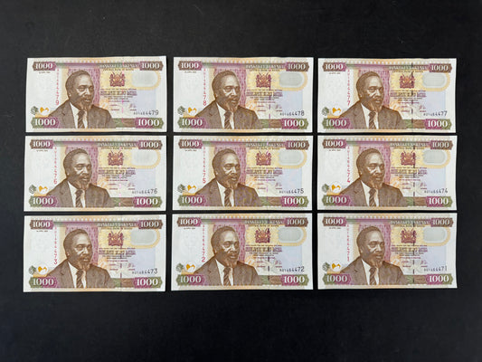 9 x 1000 Kenya Shillings Banknotes with Consecutive Serial Numbers (issued 2003)