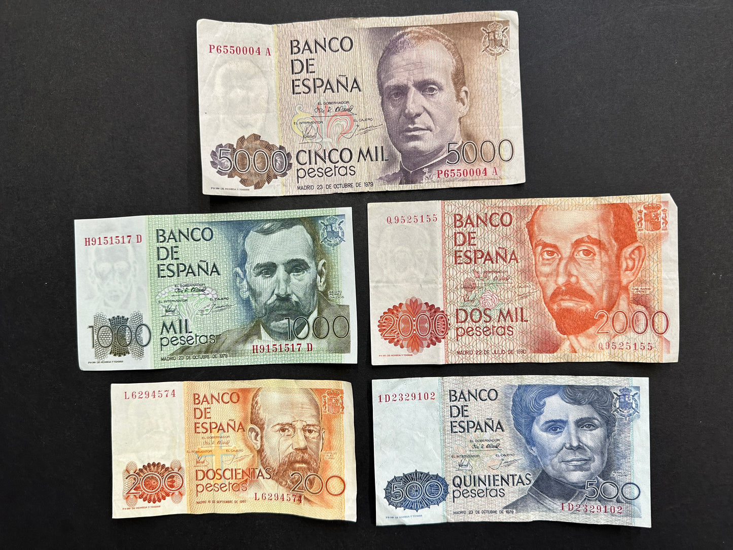 Spanish Peseta Banknote Set. 5000, 2000, 1000, 500 and 200 notes