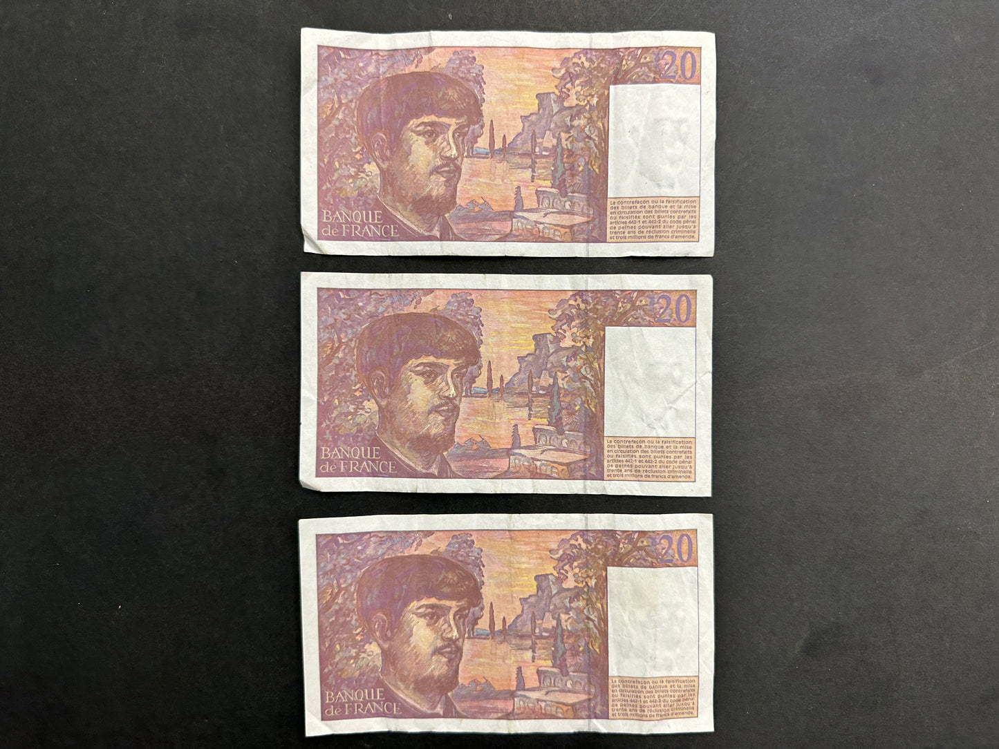 3 x 20 French Franc Banknotes with Consecutive Serial Numbers (Issued 1997)