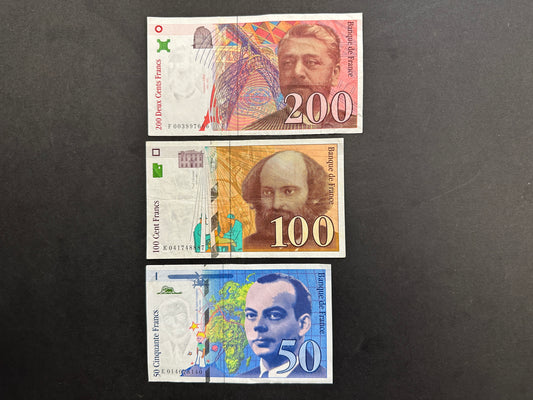 Set of 3 French Franc Banknotes from the 1990s - 200, 100 and 50 Francs