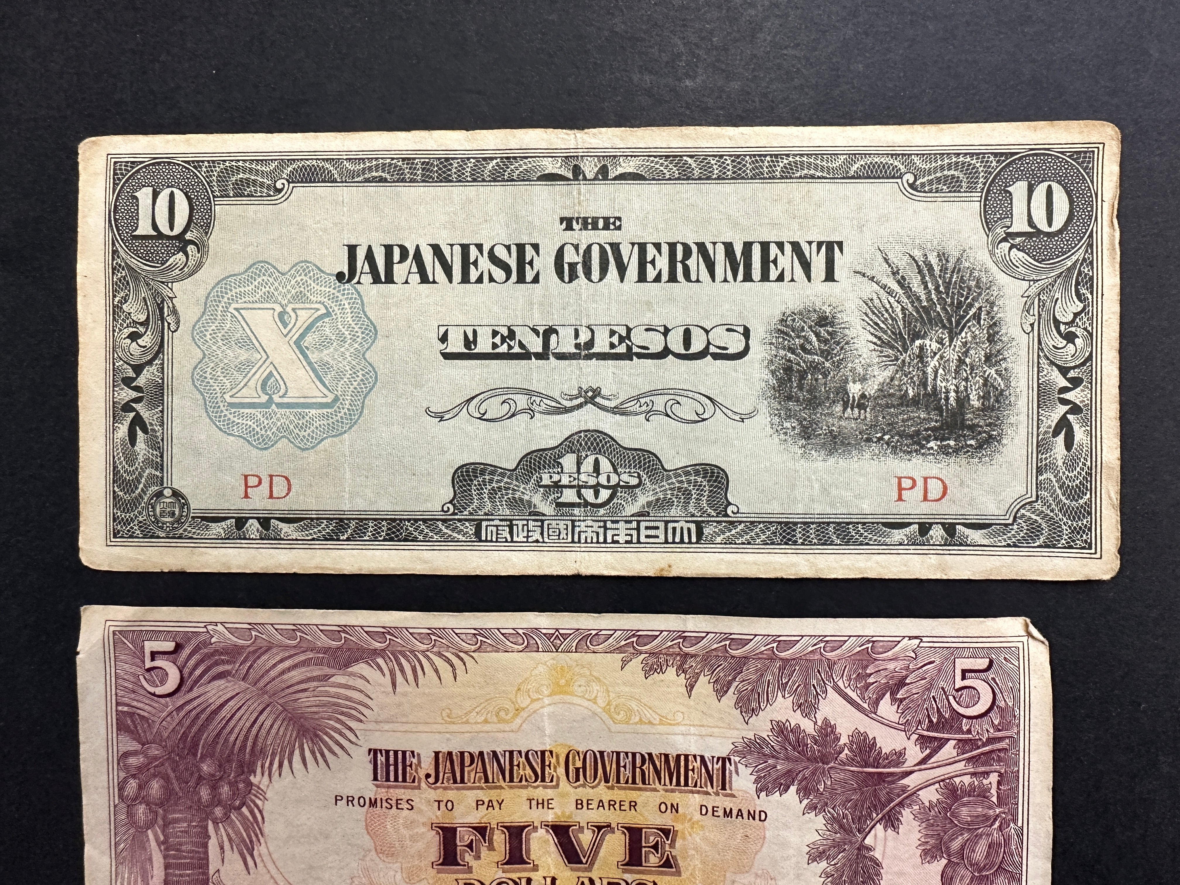 Japanese 10 Pesos and 5 Dollars Banknotes - Interesting Set